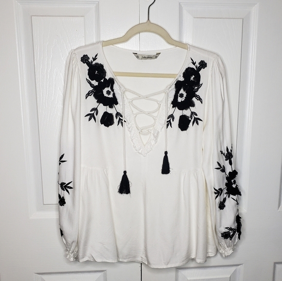 Zara Top M Contrast Embroidery Babydoll Boho Lace Front Bohemian Cottagecore - Picture 4 of 13